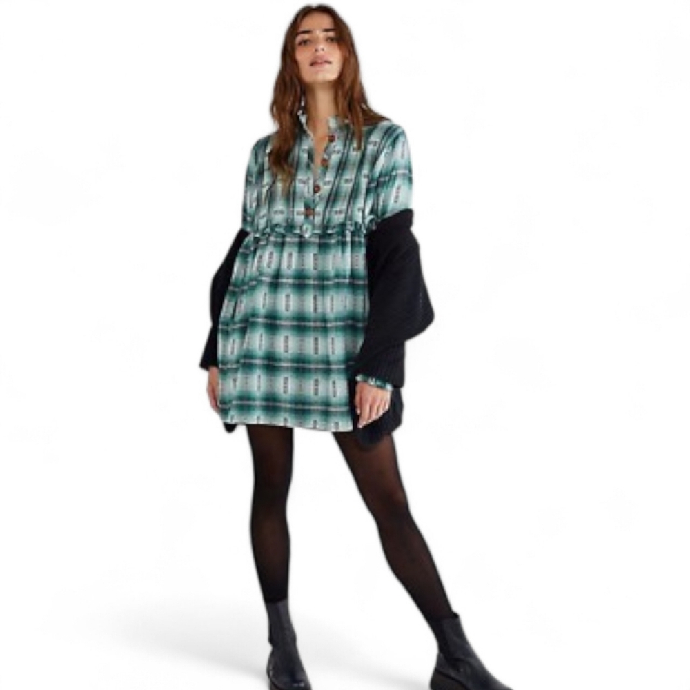 Free People Redwood Flannel Babydoll Mini Dress Plaid Green Tunic Small NWT